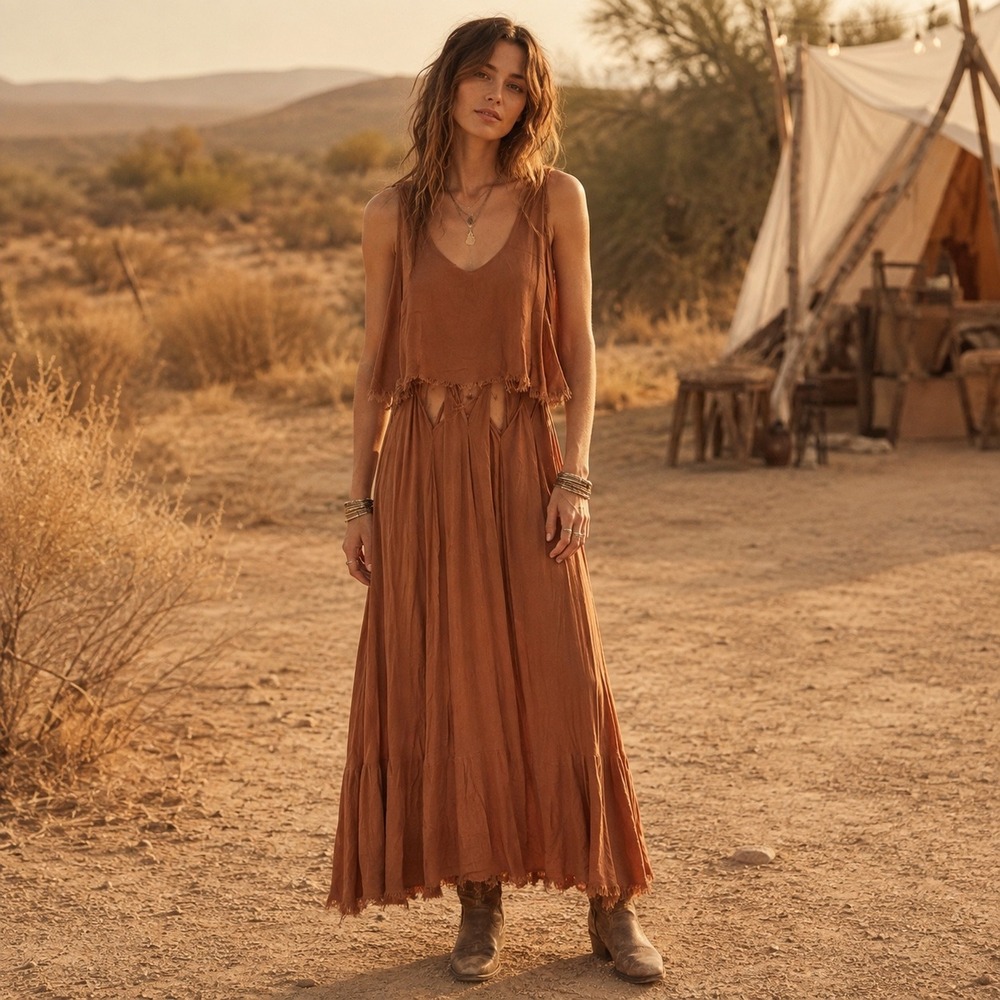 Free People XS Rust Gauze Cutout Lattice Maxi Dress Raw Edge Boho Festival
